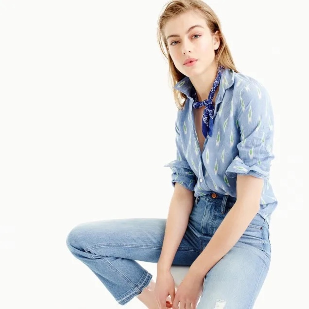 J. Crew Blue Button-Down Shirt with Green Ikat Print